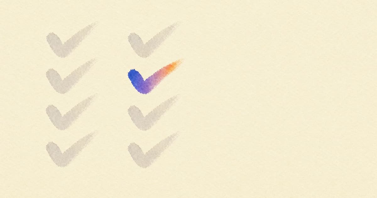 A warm parchment field with two columns of short grey watercolor ticks, one tick washed from violet into orange.