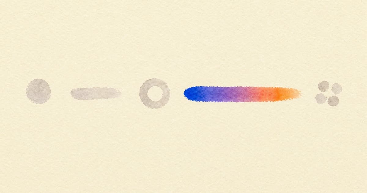 A warm parchment field of distinct watercolor marks, a dot, a dash, a ring, a long stroke and a small cluster of dots, with the long stroke washed from violet into orange.