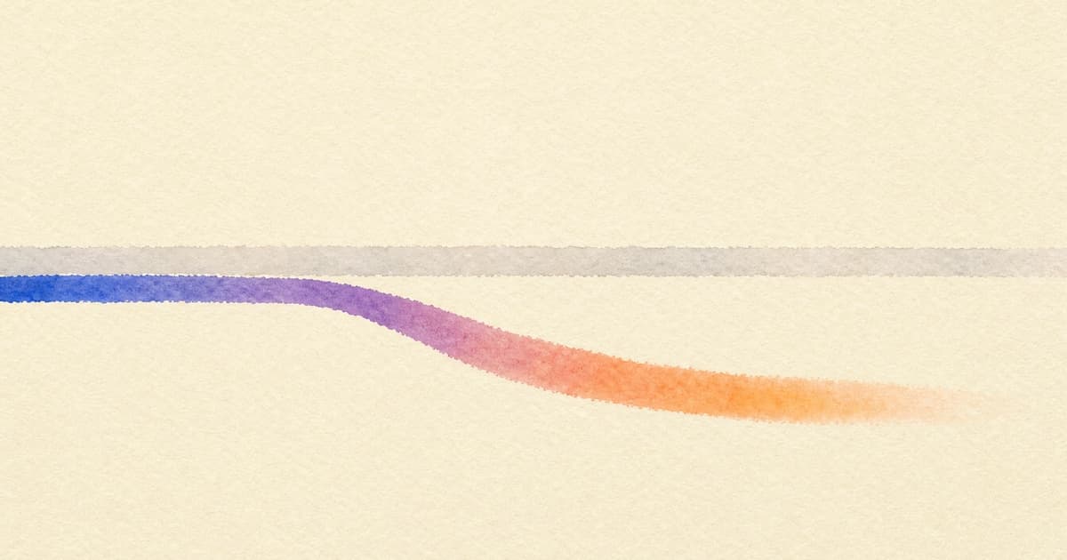A warm parchment field where a grey watercolor stroke runs straight while a violet-to-orange stroke veers off onto a different path.