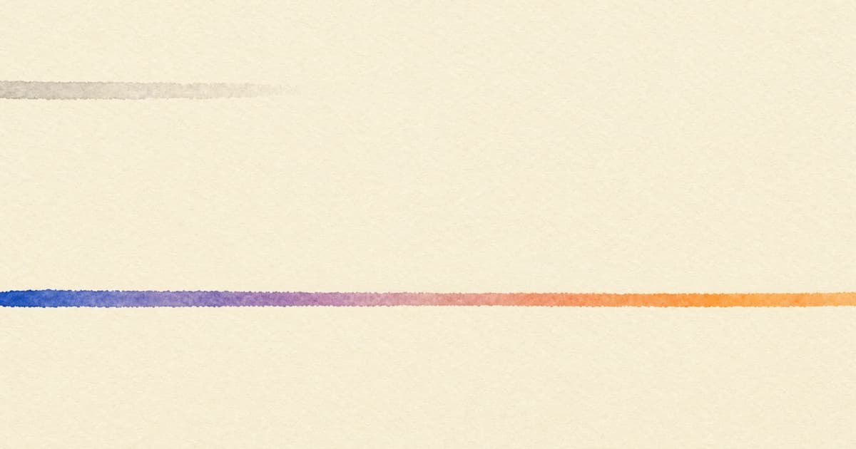 A warm parchment field where one short muted stroke stops early and a long grain-textured stroke runs on in rightmodeler's violet and orange brand accents.