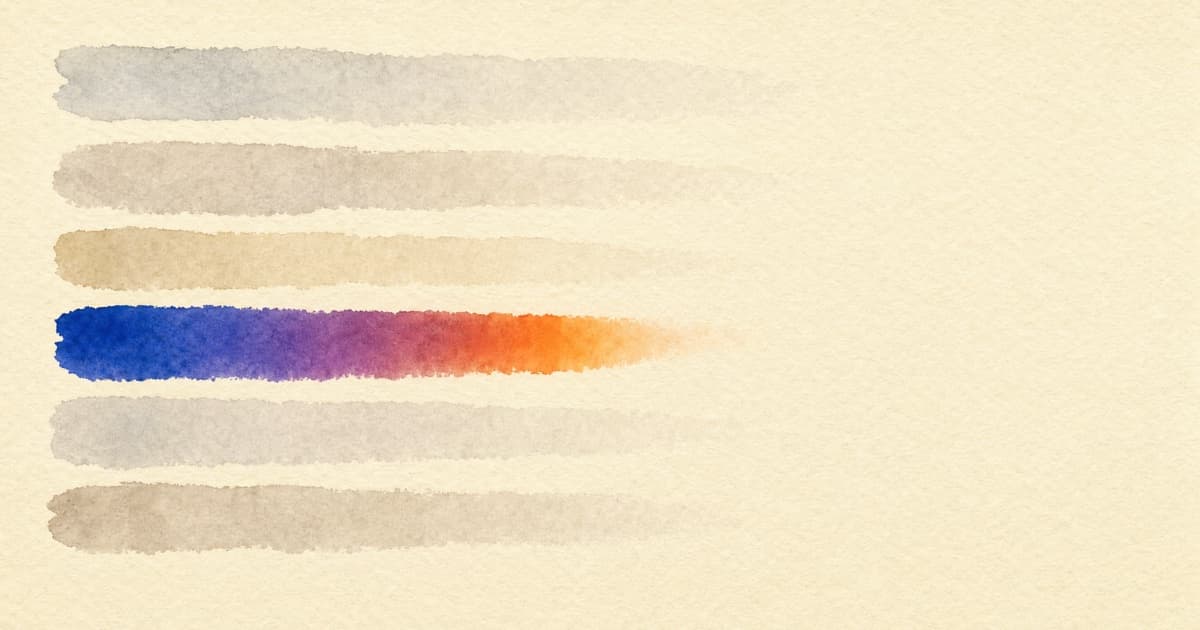 A warm parchment field with stacked grain-textured gradient strata in rightmodeler's violet and orange brand accents.