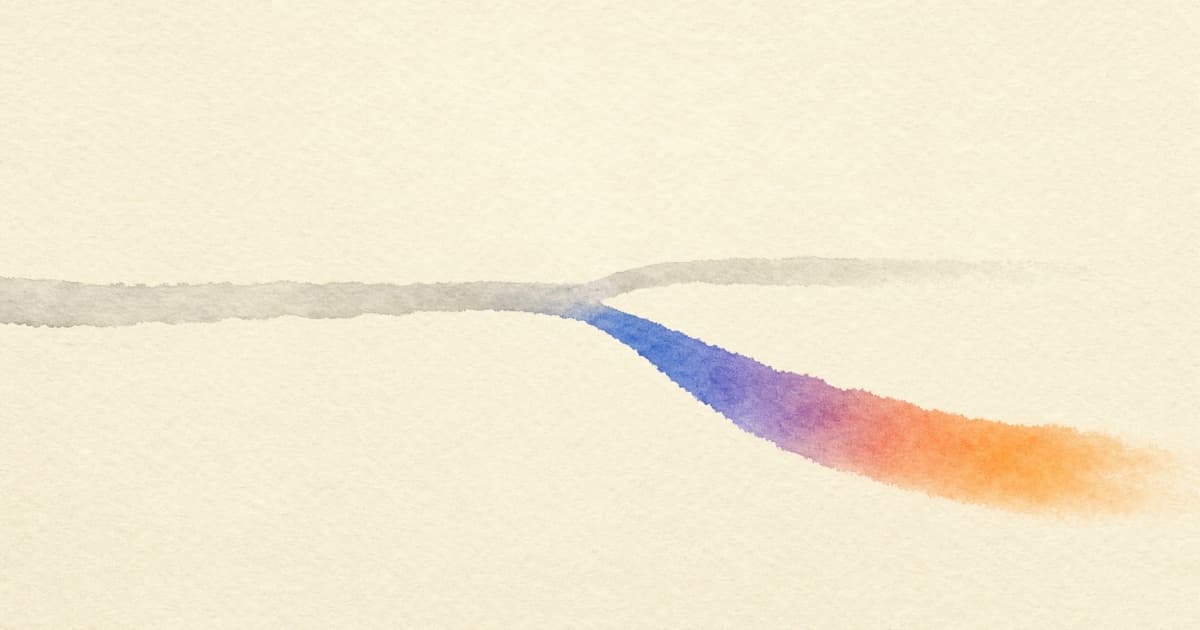 A warm parchment field where a grain-textured gradient path forks in rightmodeler's violet and orange brand accents.