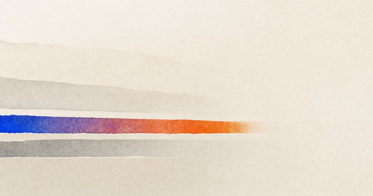 A warm parchment field with a low, grain-textured gradient horizon in rightmodeler's violet and orange brand accents.