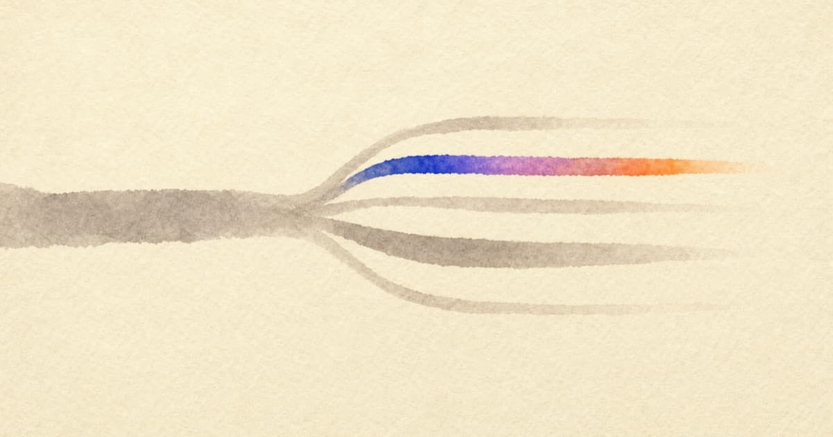 Watercolor illustration of one heavy stroke splitting into several right-sized channels, one carrying a violet to orange gradient