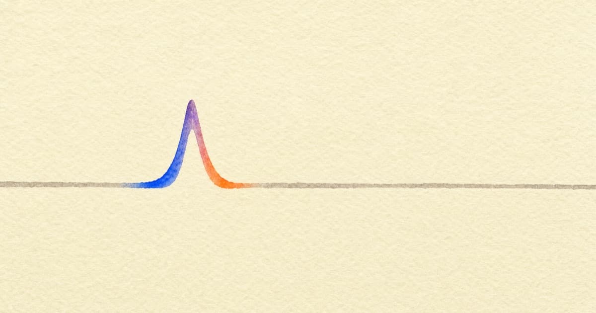 Watercolor illustration of a calm pulse line with a single peak carrying a violet to orange gradient